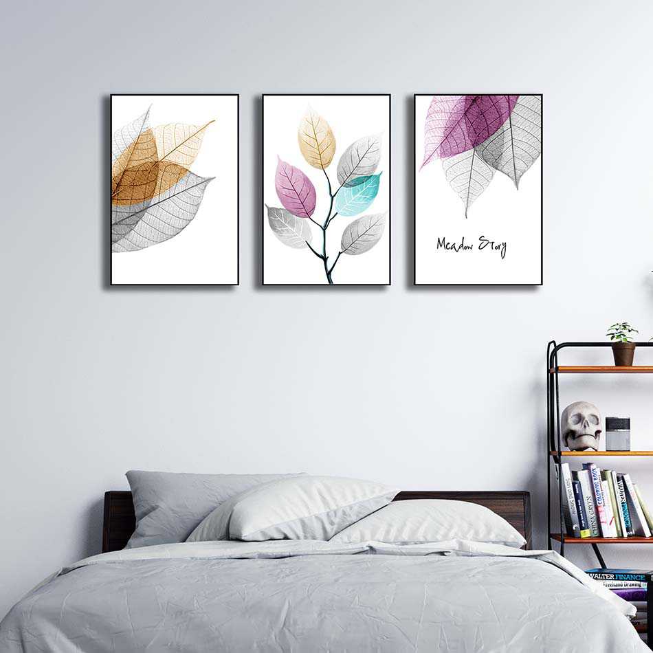 Bộ 3 tranh  canvas treo tường Decor Họa tiết lá cây mùa thu thay sắc - DC208