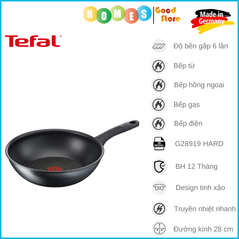 Chảo Sâu Lòng Chống Dính TEFAL G28919 HARD TITANIUM PRO Wokpfanne 28cm, Nhập Khẩu Đức, Phủ Titanium Excellence Bền Gấp 6 Lần Chảo Thường - Hàng Nhập Khẩu