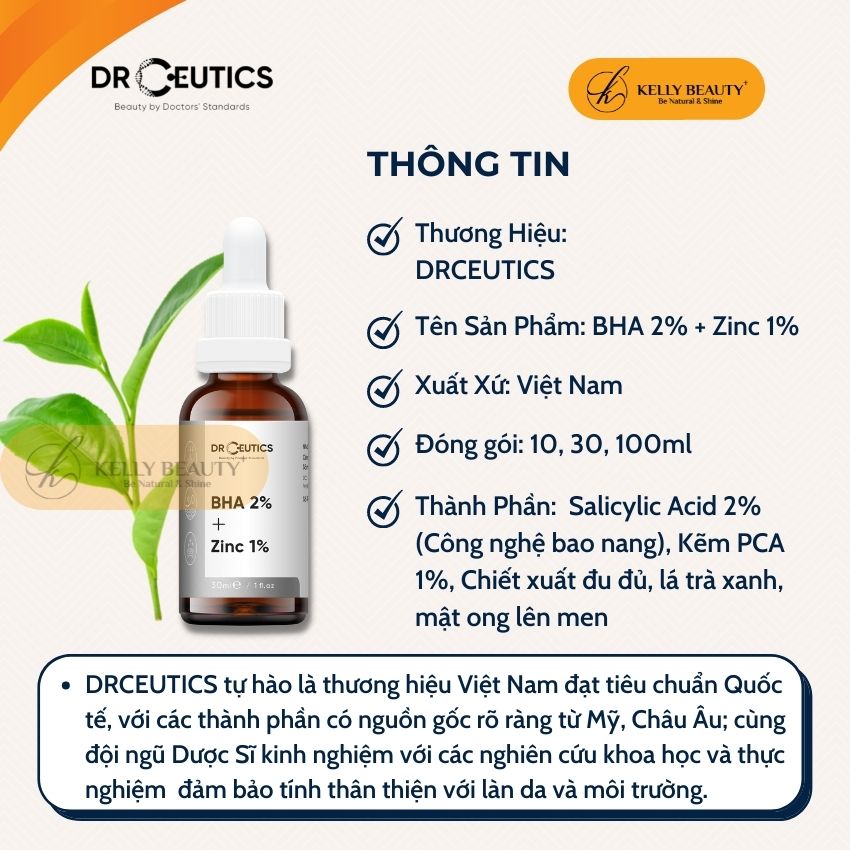 Serum Mụn DrCeutics BHA 2% + ZinC 1% - Cải Thiện &amp; Ngừa Mụn; Giúp Kiềm Dầu | Kelly Beauty