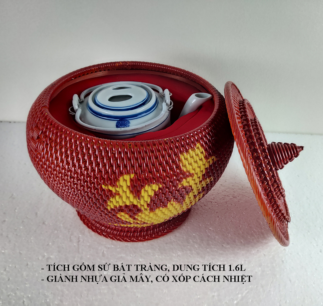 Bộ ấm giành tích ủ trà xanh gốm sứ bát tràng dung tích 1.5L, giành ủ trà bằng sợi nhựa giả mây đan thủ công.