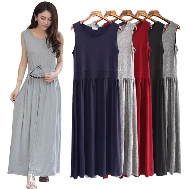 Đầm maxi sát nách cổ tròn màu trơn phong cách đơn giản Db20