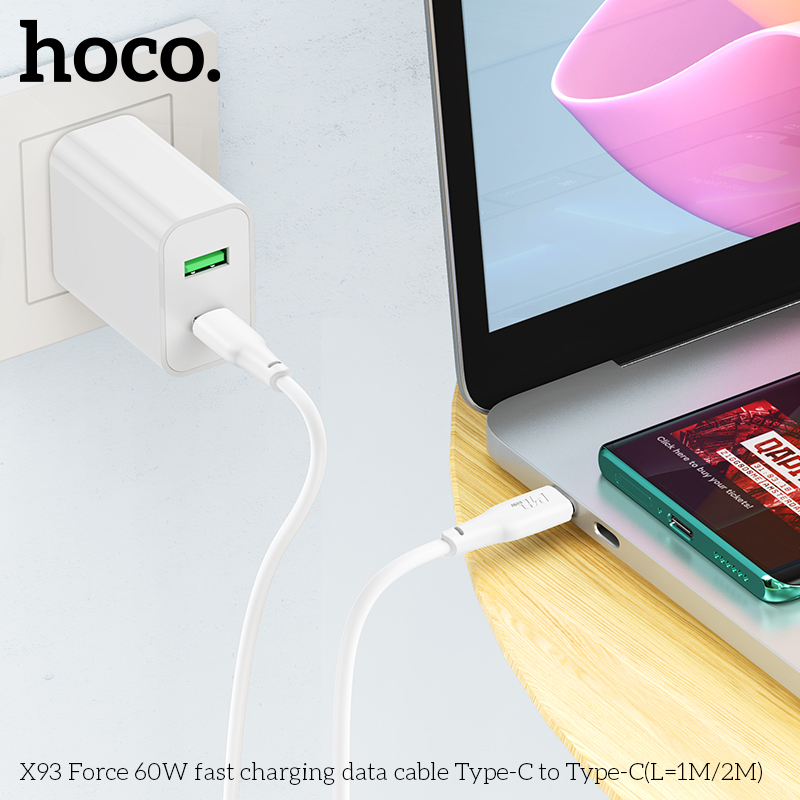 Cáp Sạc Nhanh Dành Cho Hoco X93 Force 60W Type-C Đến Type-C Dây Dài 2M Hàng Chính Hãng