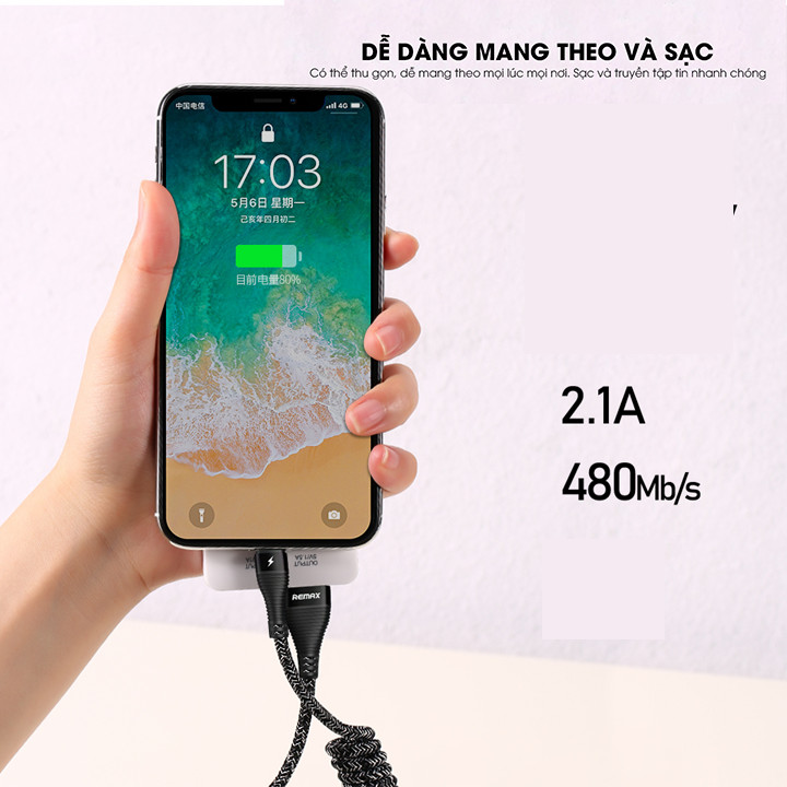 Cáp sạc lò xo bọc vải cổng Lightning cho iPhone iPad Remax RC-139i - Hàng nhập khẩu