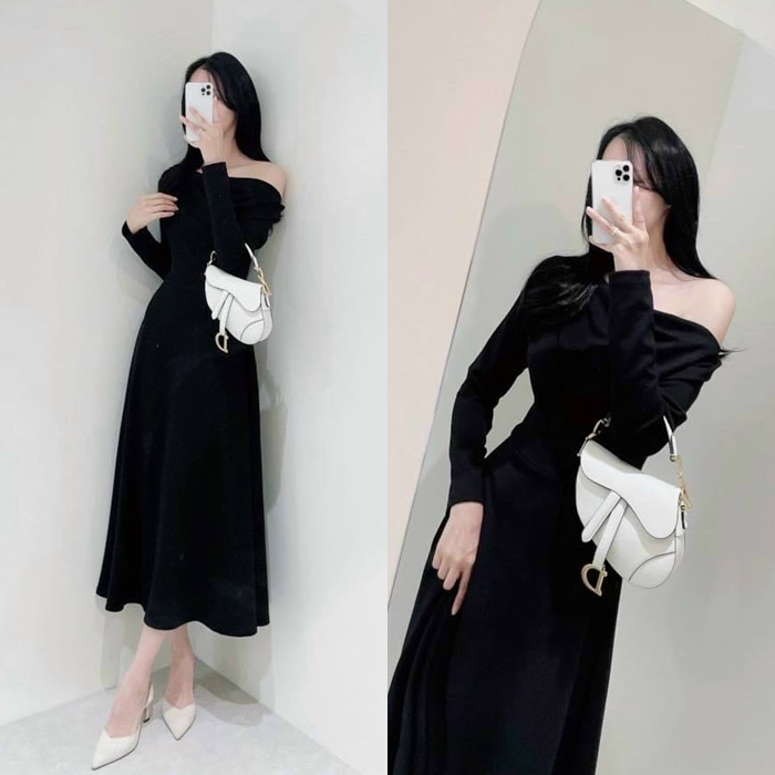 ĐẦM ĐEN DÀI TRỄ VAI MIDI SUÔNG TRƠN XÒE ÔM BODY TAY DÀI ĐI TIỆC DẠO PHỐ ĐI CHƠI NOEL GIÁNG SINH