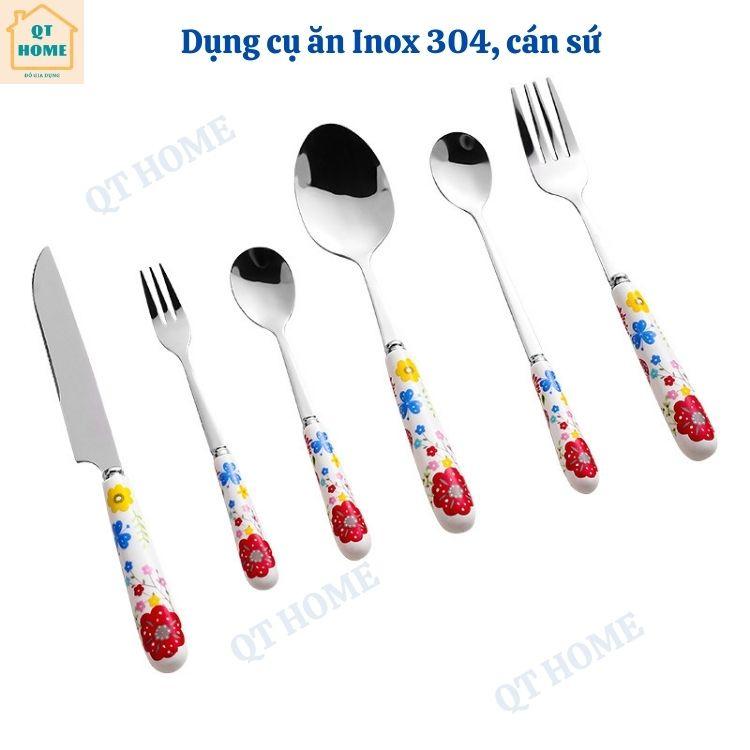 Thìa Muỗng Inox 304 Cán Sứ, Dĩa Nĩa Inox 304, Dao Ăn Inox 304, Đũa Sứ, Họa Tiết Bông Hoa