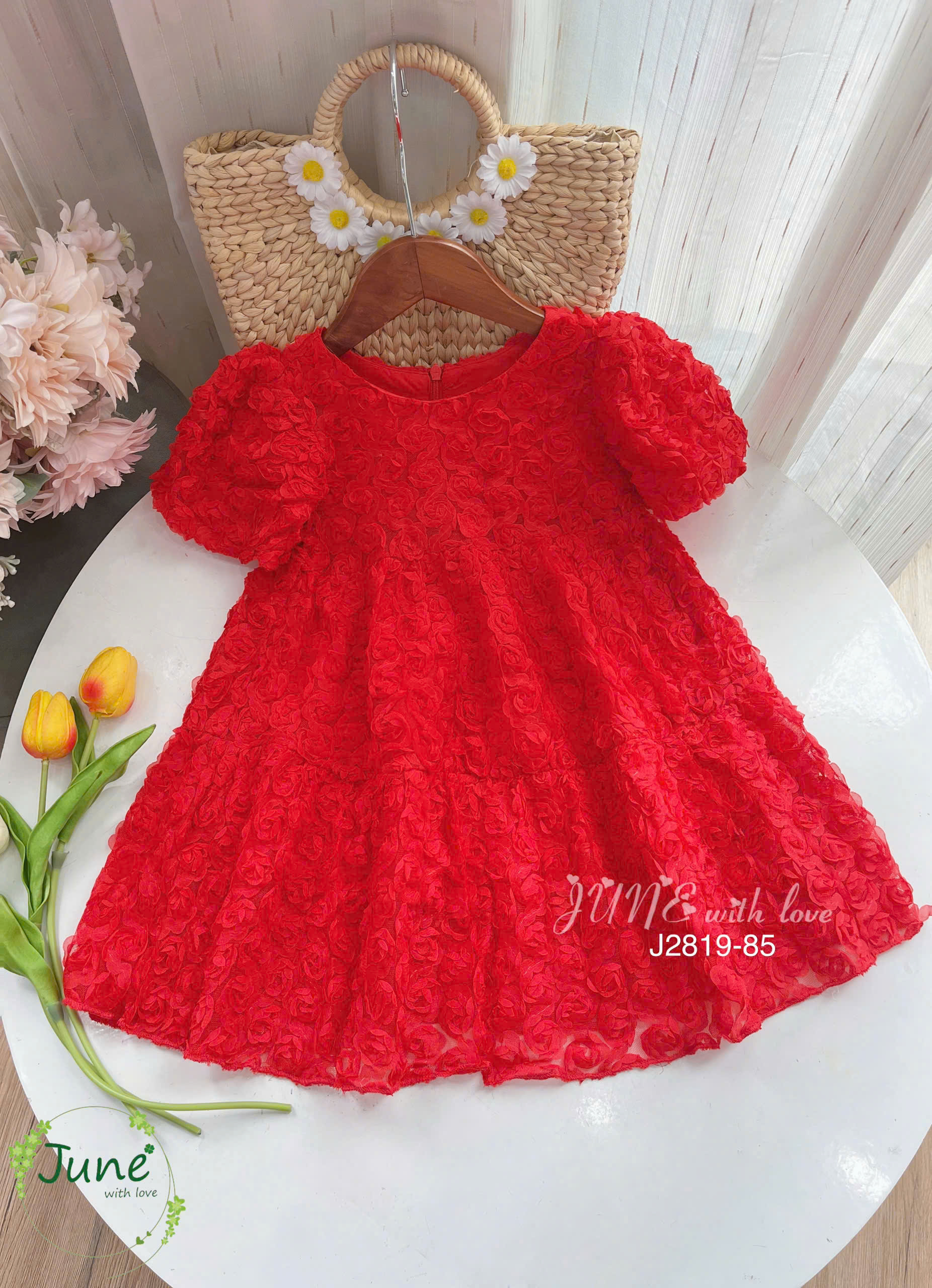 đầm voan công chúa cho bé gái hoa hồng màu đỏ noel giáng sinh biểu diễn dự tiệc hàng thiết kế cao cấp