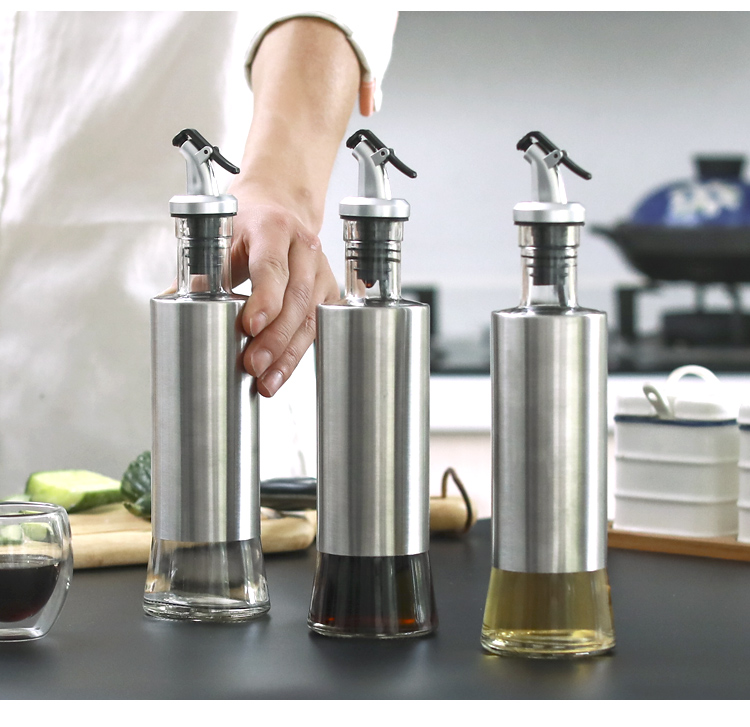 Chai rót dầu ăn, nước tương thủy tinh bọc Inox 304 cao cấp 300ml bằng thủy tinh chai hũ lọ gia vị dụng cụ nhà bếp tiện ích VANDO