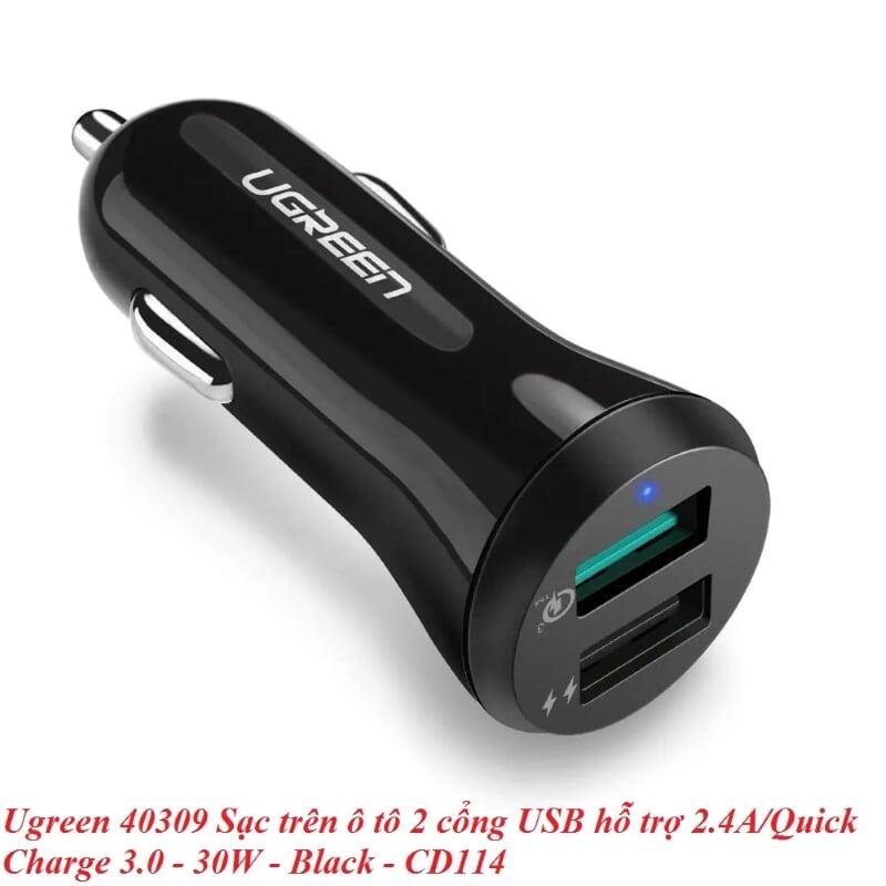 Ugreen UG40309CD114TK 30W qc3.0 Sạc trên ô tô 2 cổng USB hỗ trợ 2.4A + Quick Charge 3.0 màu đen - HÀNG CHÍNH HÃNG