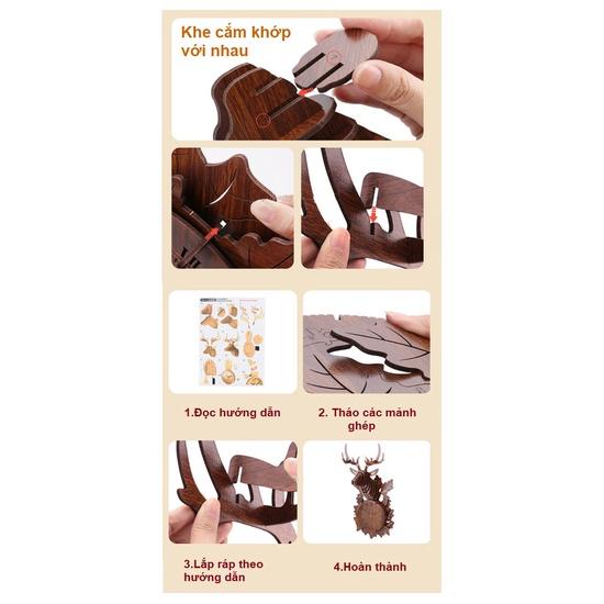 Mô hình lắp ráp 3D đồng hồ đầu hươu bằng gỗ chạy pin treo tường trang trí Đồng hồ treo tường