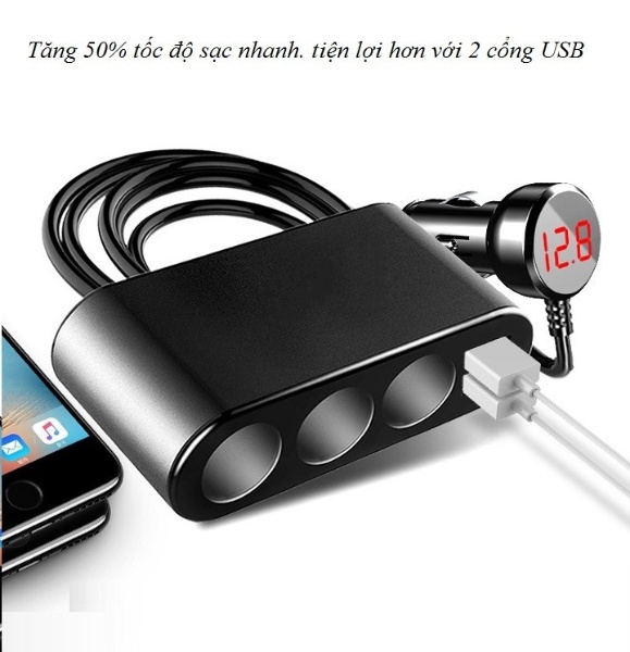 Bộ chia tẩu sạc đa năng trên ô tô tích hợp 3 tẩu cắm sạc và 2 cổng USB và đồng hồ báo điện áp M08 ( Tặng kèm miếng thép để ví 11in1 )