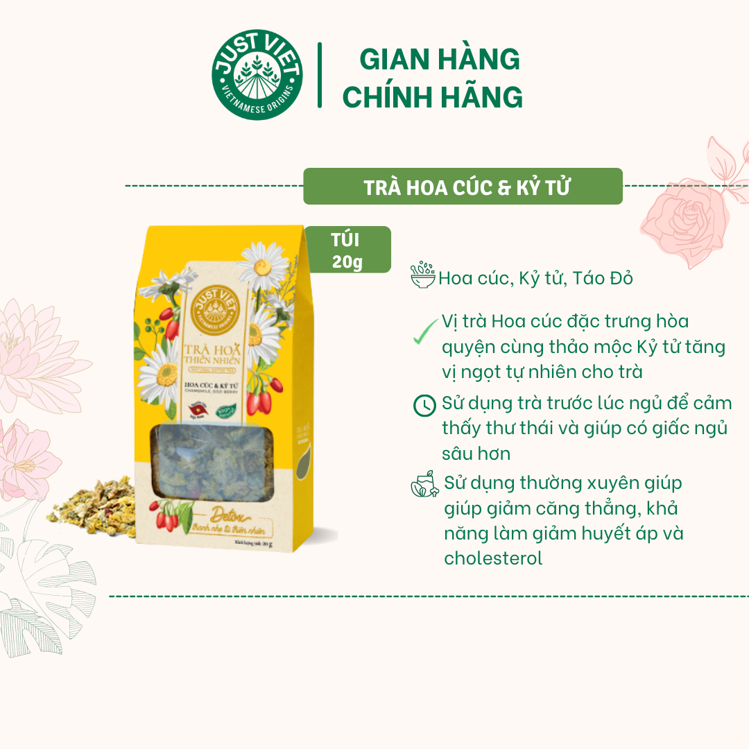 Trà Hoa Thiên Nhiên Detox Just Viet - Hoa Cúc & Kỷ Tử - Thanh Lọc, Tốt Cho Sức Khỏe - Túi 20g