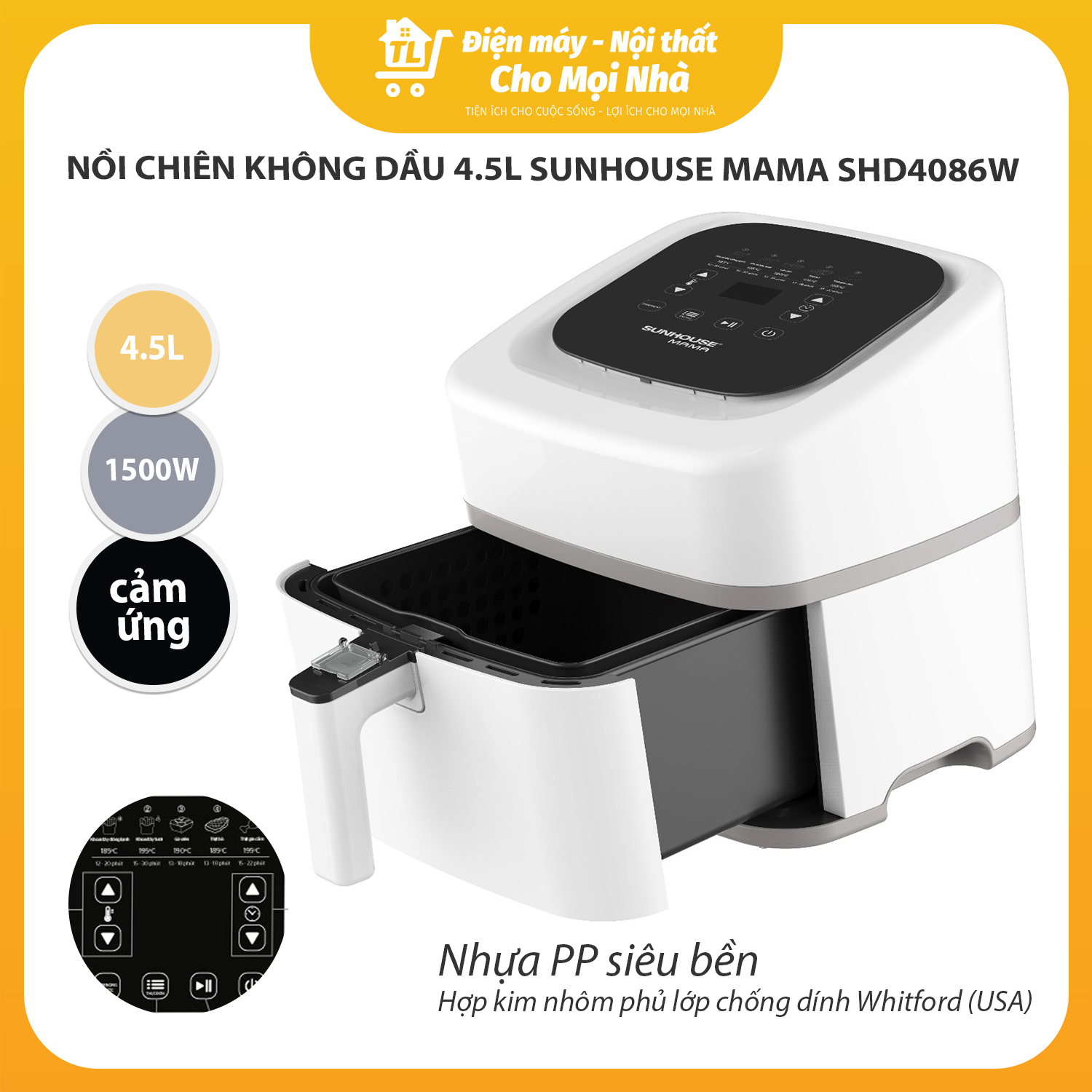 Nồi Chiên Không Dầu Sunhouse Mama SHD4086W (4.5 Lít) - Hàng Chính Hãng