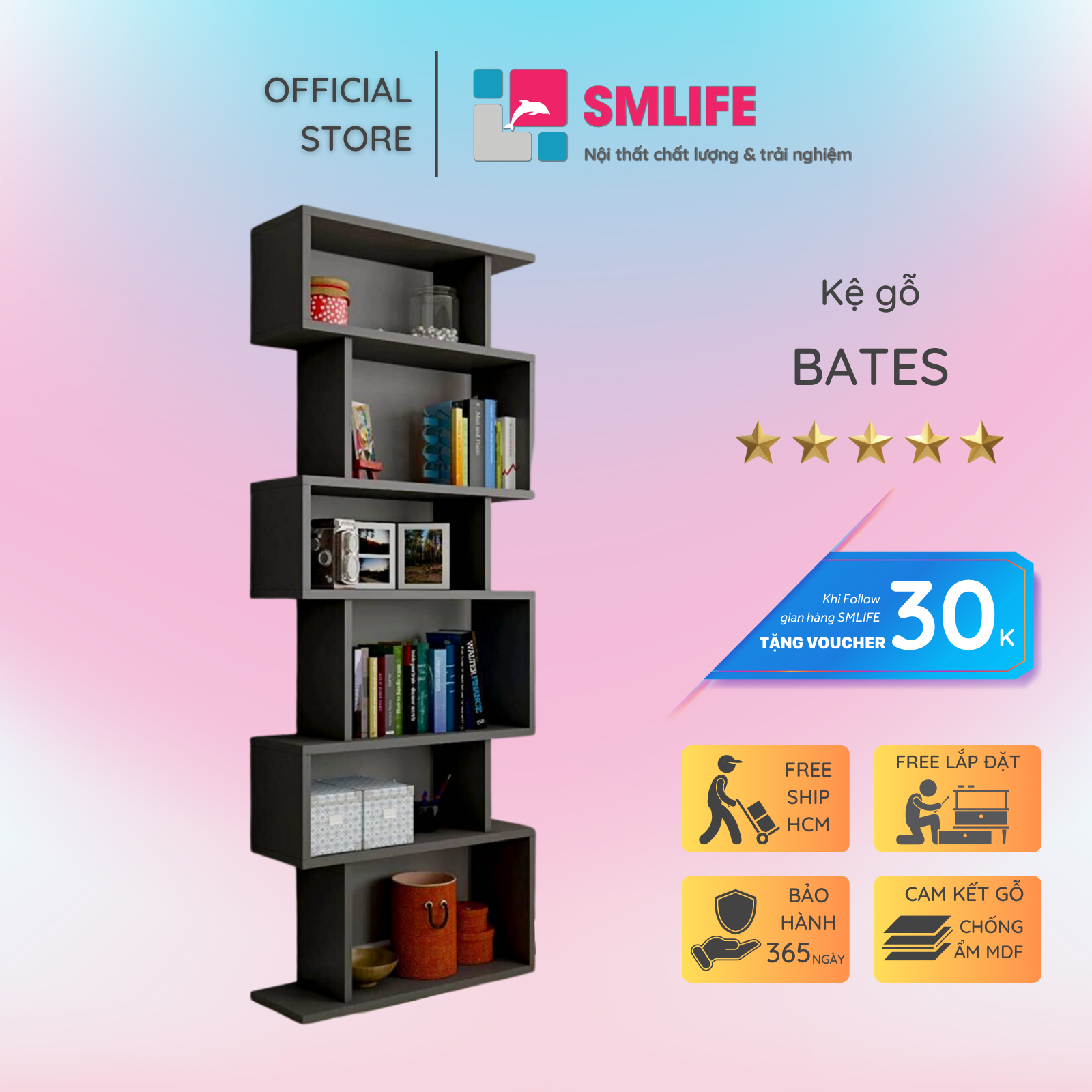 Kệ sách gỗ hiện đại SMLIFE Bates  | Gỗ MDF dày 17mm chống ẩm | D60xR23xC160cm - Màu