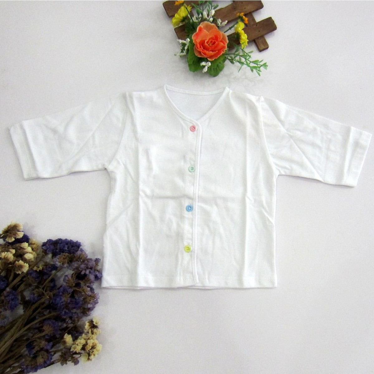 SET 5 ÁO SƠ SINH TRẮNG TRƠN CÚC GIỮA TAY DÀI AN AN