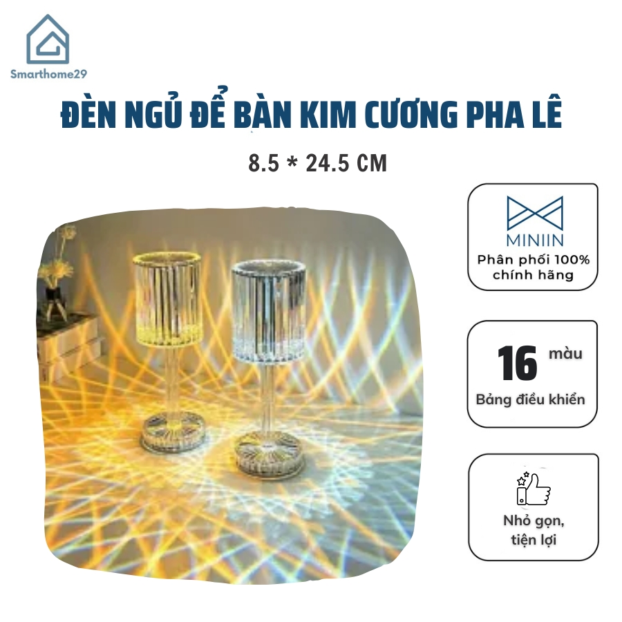 Đèn Ngủ Để Bàn Kim Cương Pha Lê Đèn Led Decor Hiệu Ứng 3D Cảm Biến Tích Điện - Có Bảng Điều Khiển 16 Màu - Hàng Loại 1 - Chính Hãng MINIIN