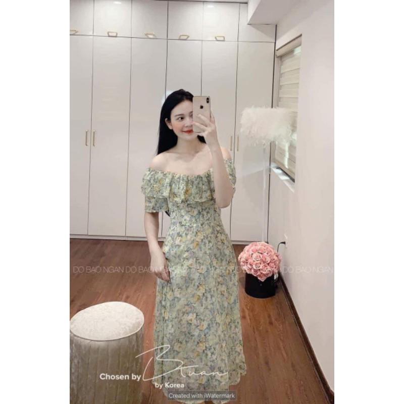 Váy lụa hoa xanh bèo bẹt vai VNU