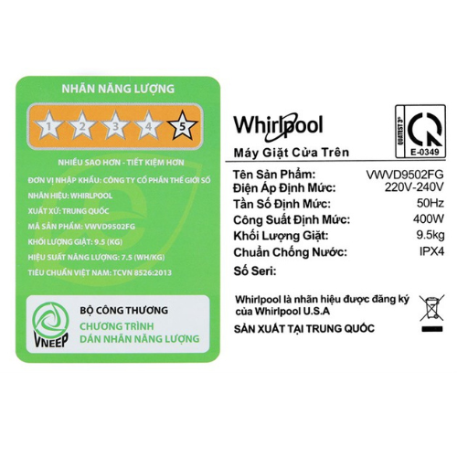 Máy giặt lồng ngang Whirlpool Inverter StainClean 9.5 kg VWVD9502FG - Hàng Chính Hãng