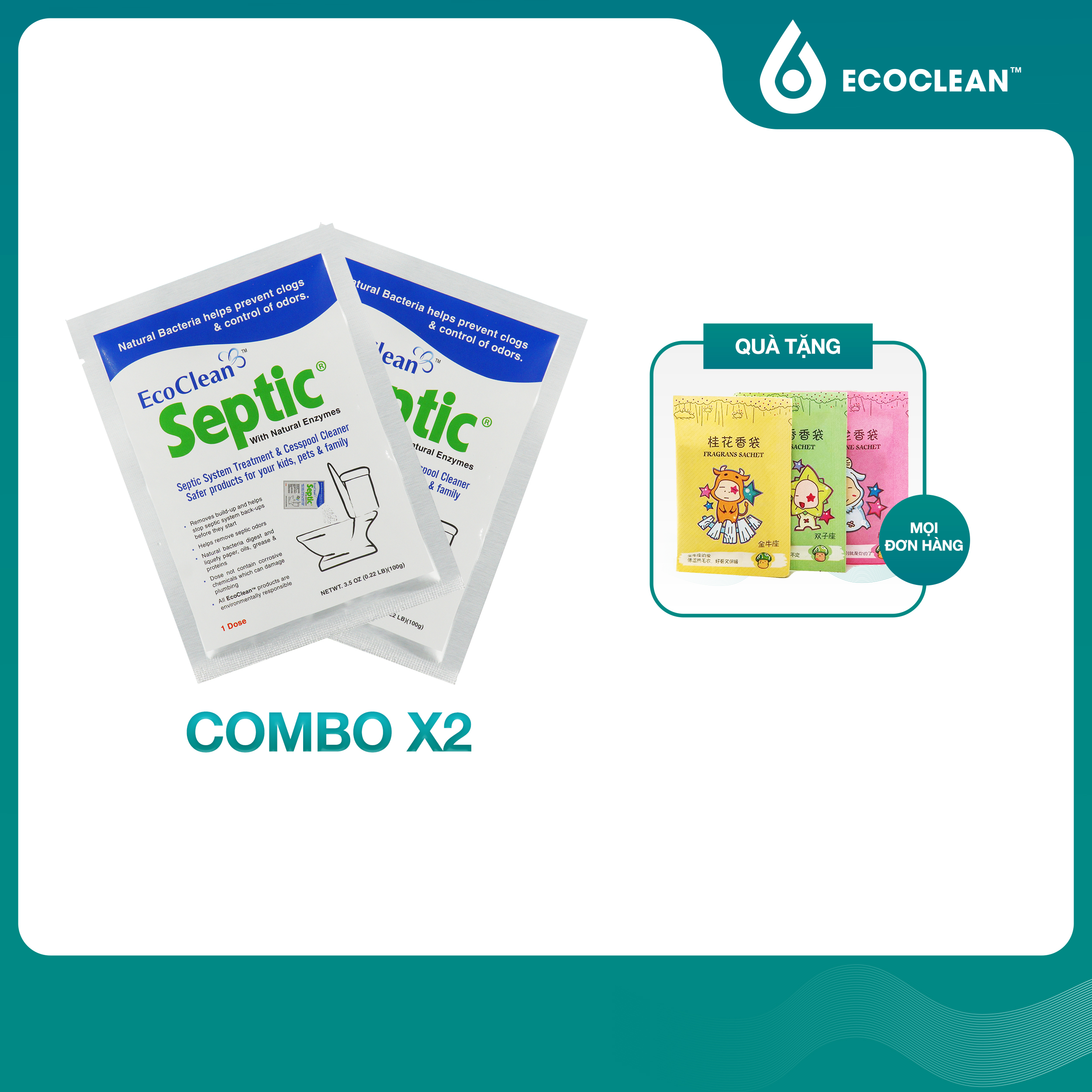 Combo 2 gói Tiết Kiệm ECOCLEAN SEPTIC - Men Vi Sinh Xử Lý Hầm Cầu Bể Phốt - USA