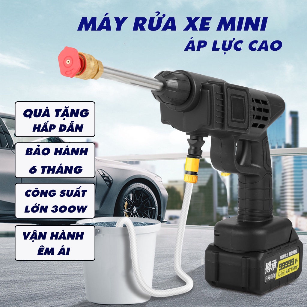 Máy rửa xe mini dùng pin áp lực cao không dây xịt rửa xe máy ô tô sân vườn kèm phụ kiện hàng cao câp