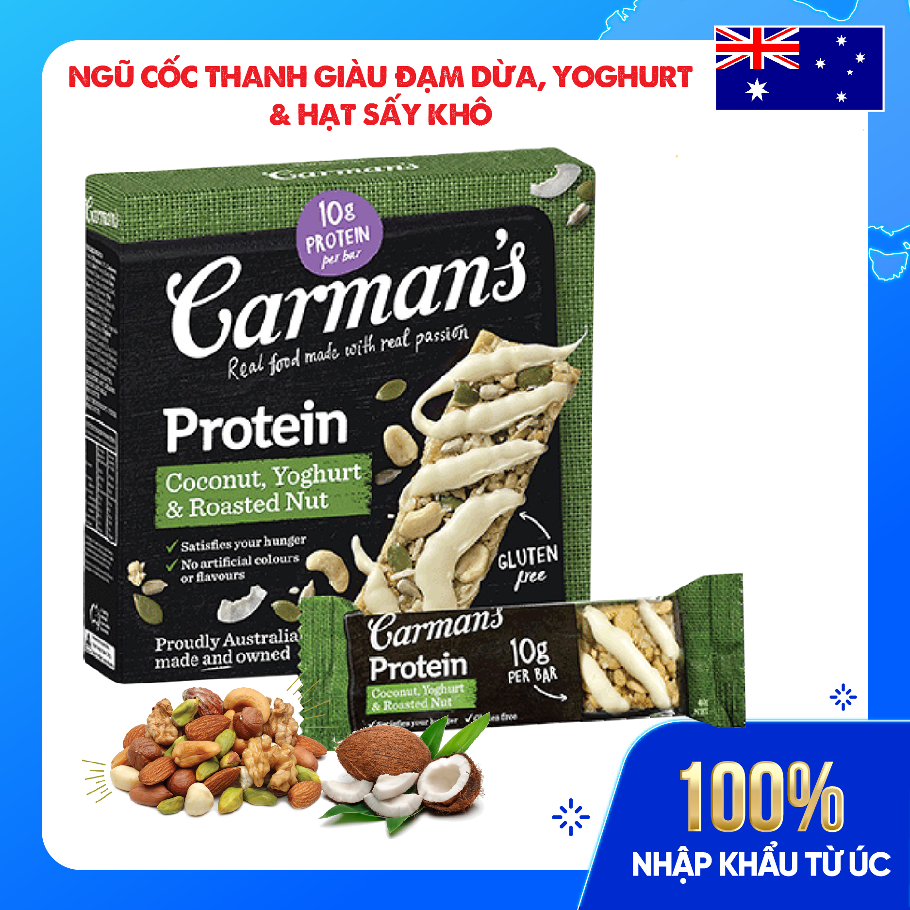 Thanh Giàu Đạm Carman's Protein Bar Coconut, Yoghurt, Roasted Nut - Vị Dừa, Sữa Chua - 200g