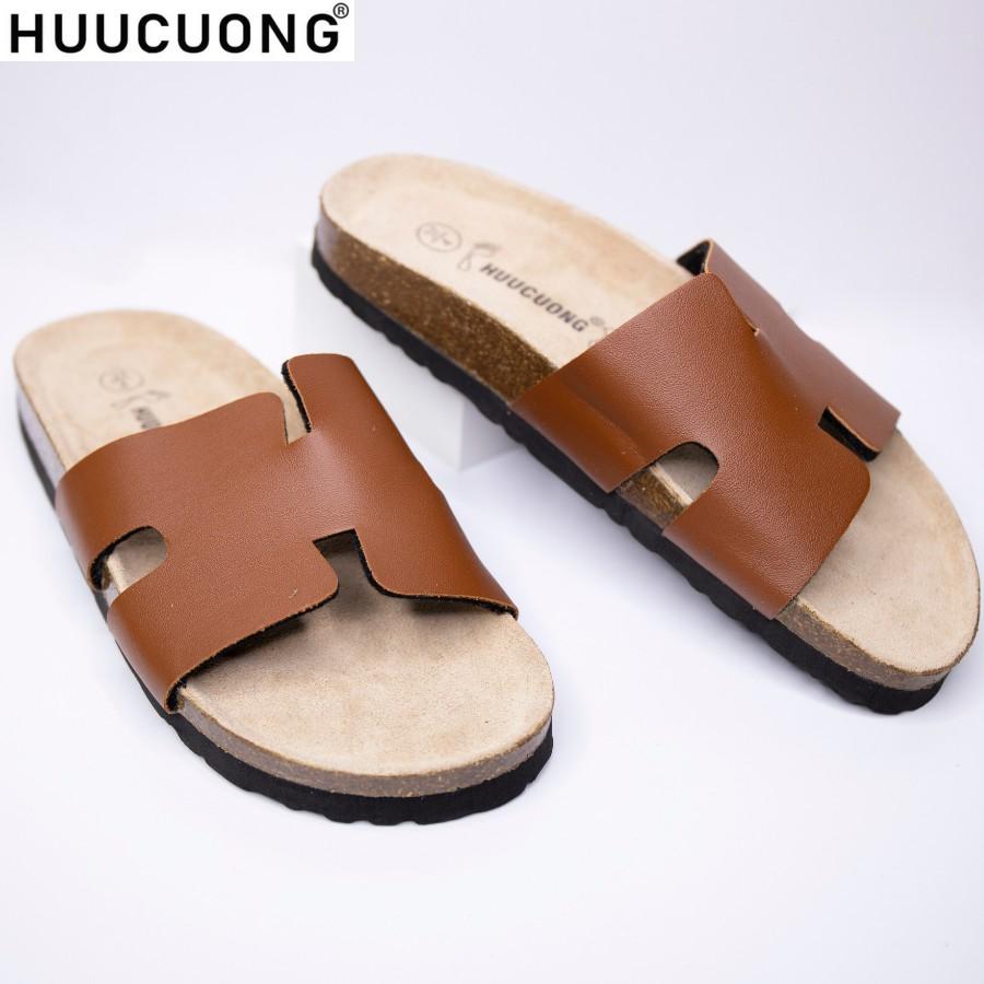 Dép unisex HuuCuong -chữ H pu nâu đế trấu