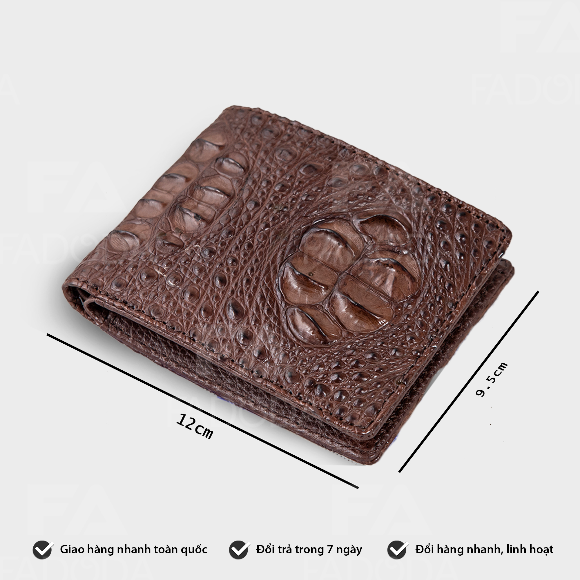 Ví nam ngang da cá sấu làm từ vân gù cá sấu nguyên con thiết kế cánh dán màu nâu đâm sang trọng - CW03-03G