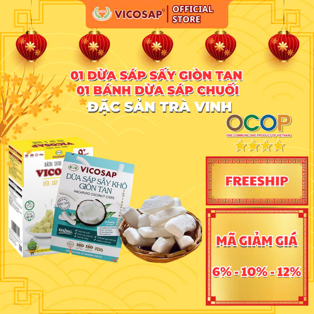 Combo 1 Dừa sáp sấy giòn VICOSAP 1 Bánh dừa sáp chuối ít đường đồ ăn vặt healthy đặc sản Trà Vinh