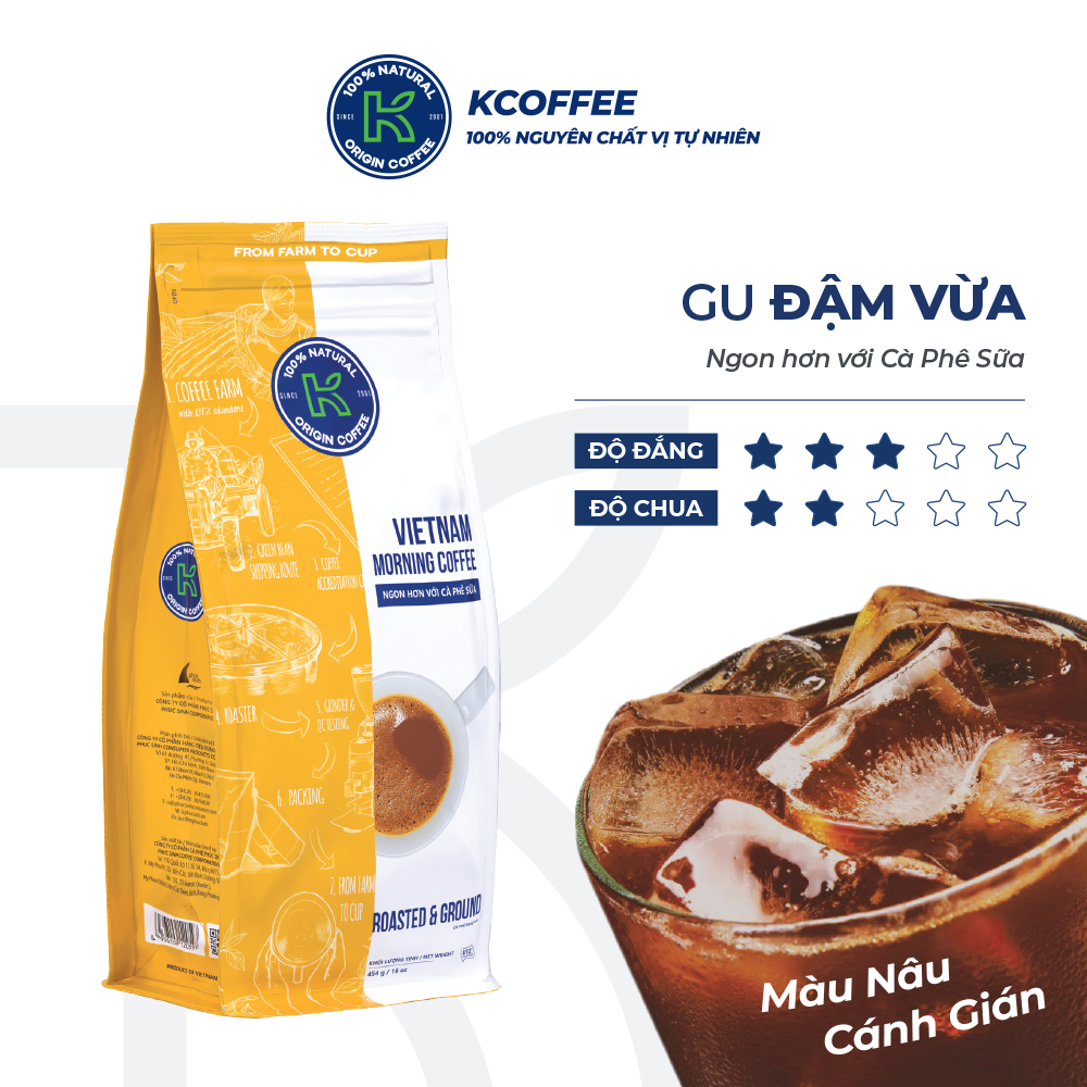 Cà phê rang xay 100% nguyên chất Robusta Arabica xuất khẩu Vietnam Morning thương hiệu K Coffee