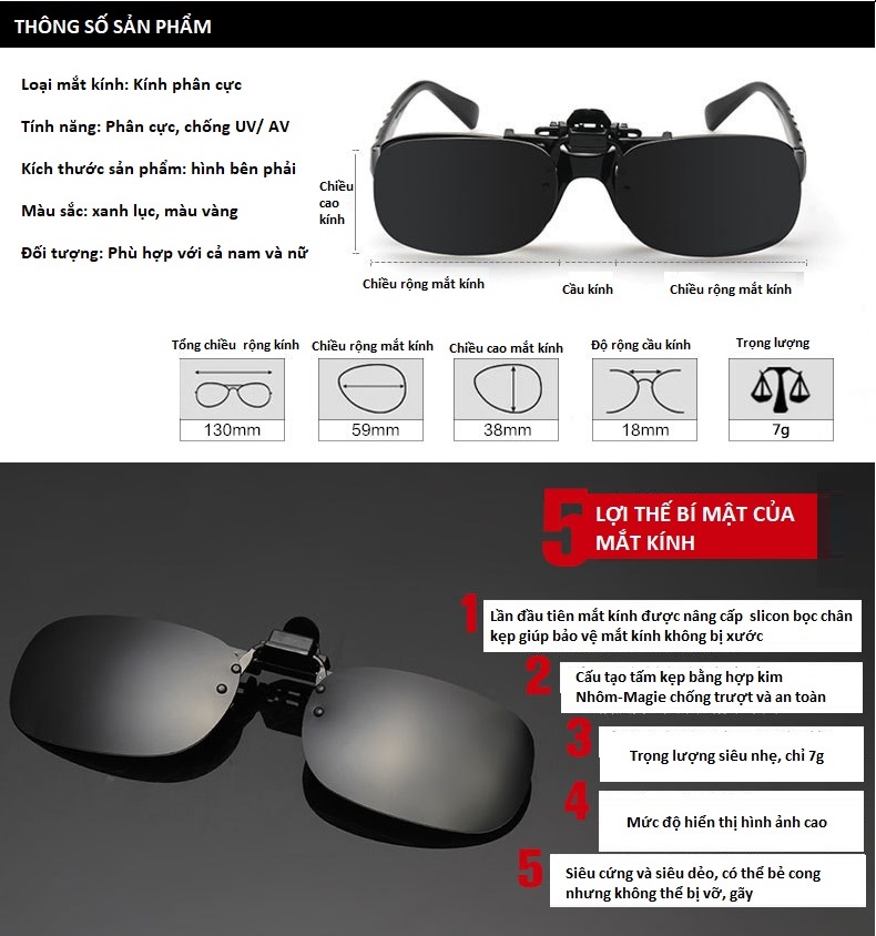 Mắt kính râm kẹp cho người cận, mắt kính thời trang phân cực chống UV cao cấp KitAcoom, hàng nhập khẩu chính hãng cao cấp