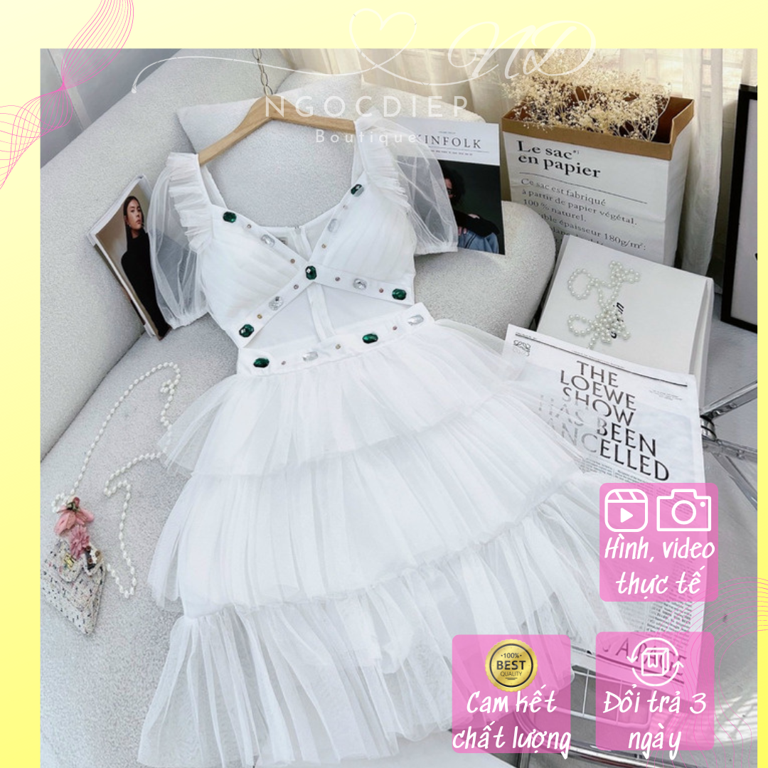 Đầm Trắng dự tiệc Cổ V Khoét Đính Đá Lưới Tầng