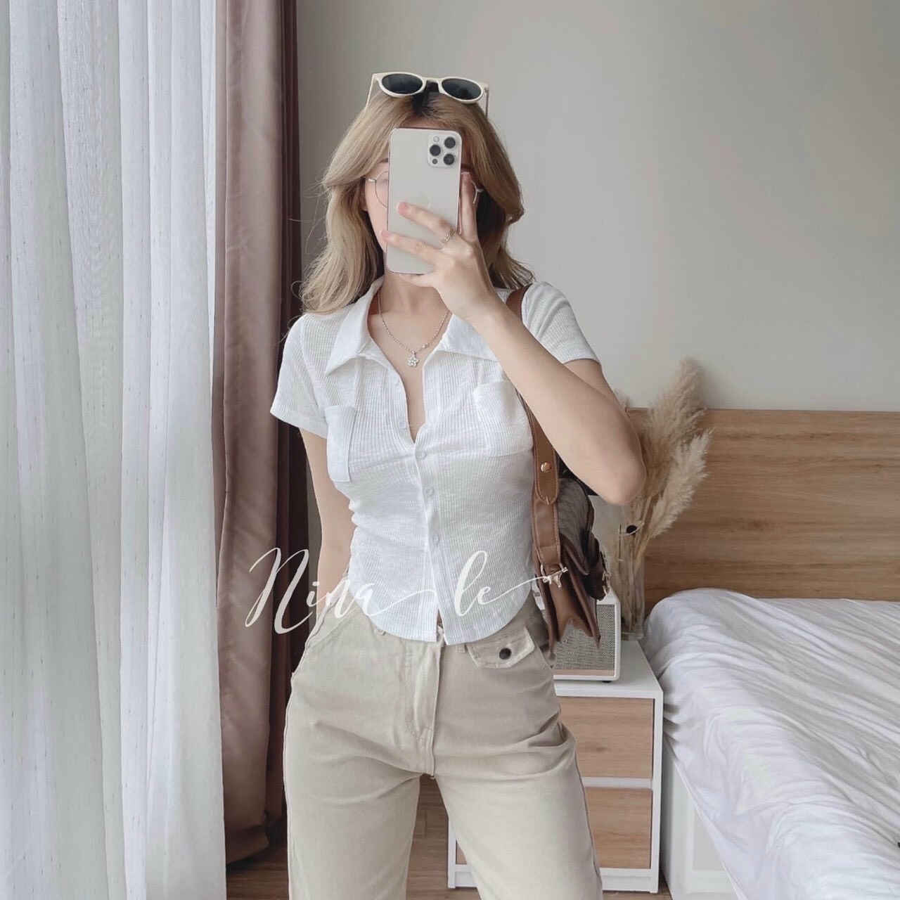 Áo thun bo gân cổ sơ mi dáng coptop dễ thương