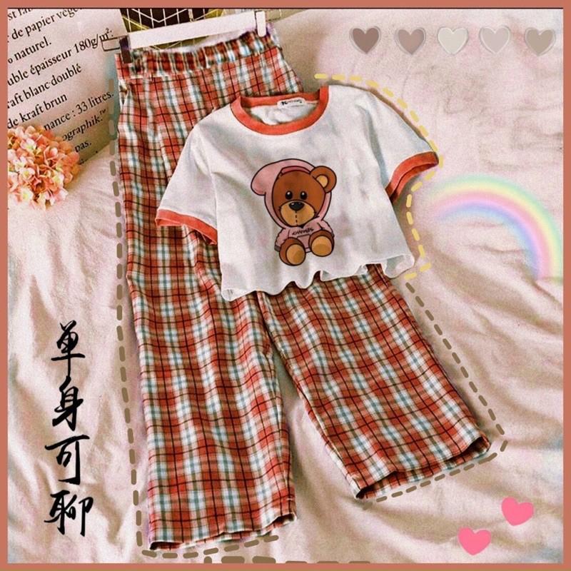 Set áo croptop cuốn biên kèm quần sọc caro chất áo cotton kèm quần kate-N