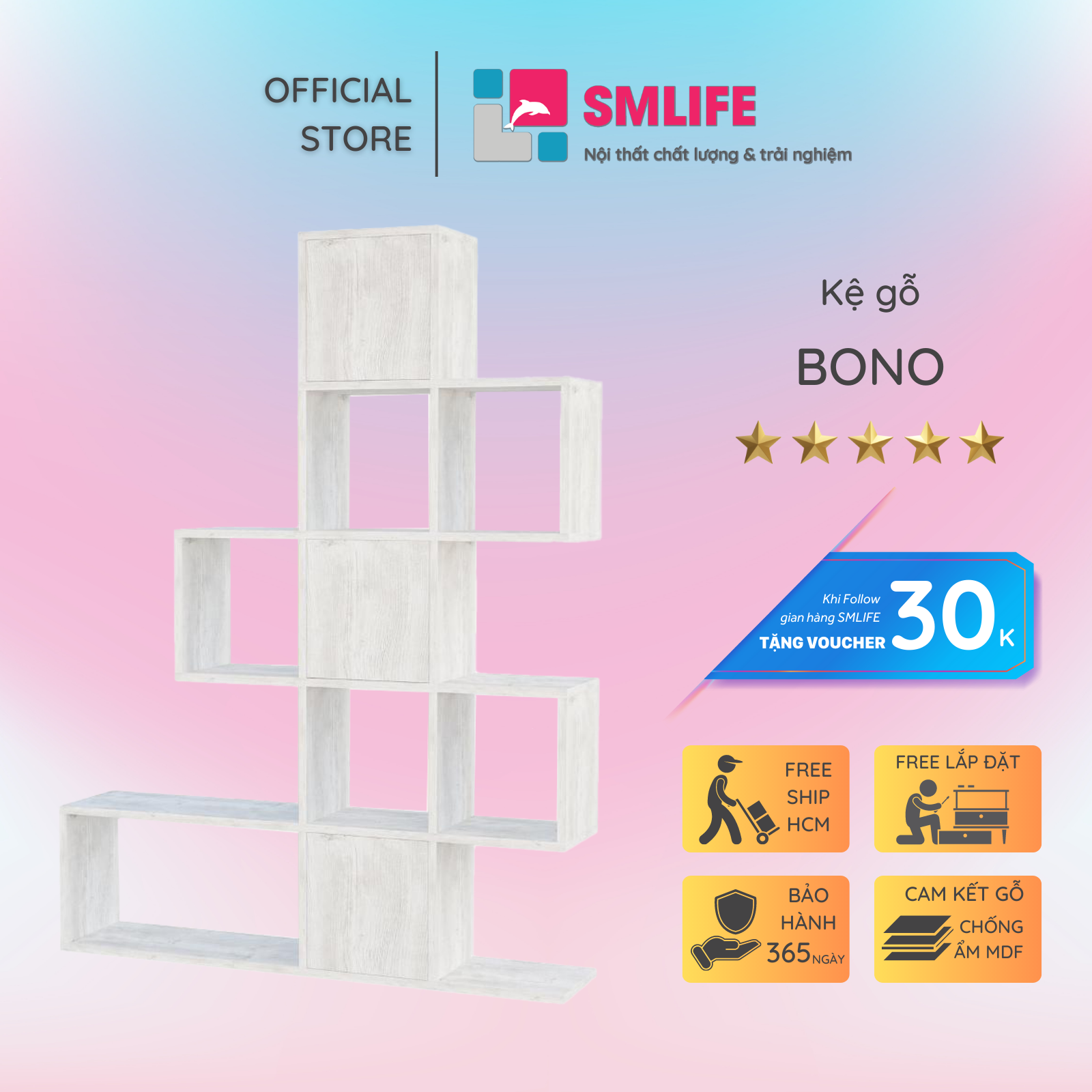 Kệ sách gỗ hiện đại SMLIFE Bono  | Gỗ MDF dày 17mm chống ẩm | D127xR28xC160cm