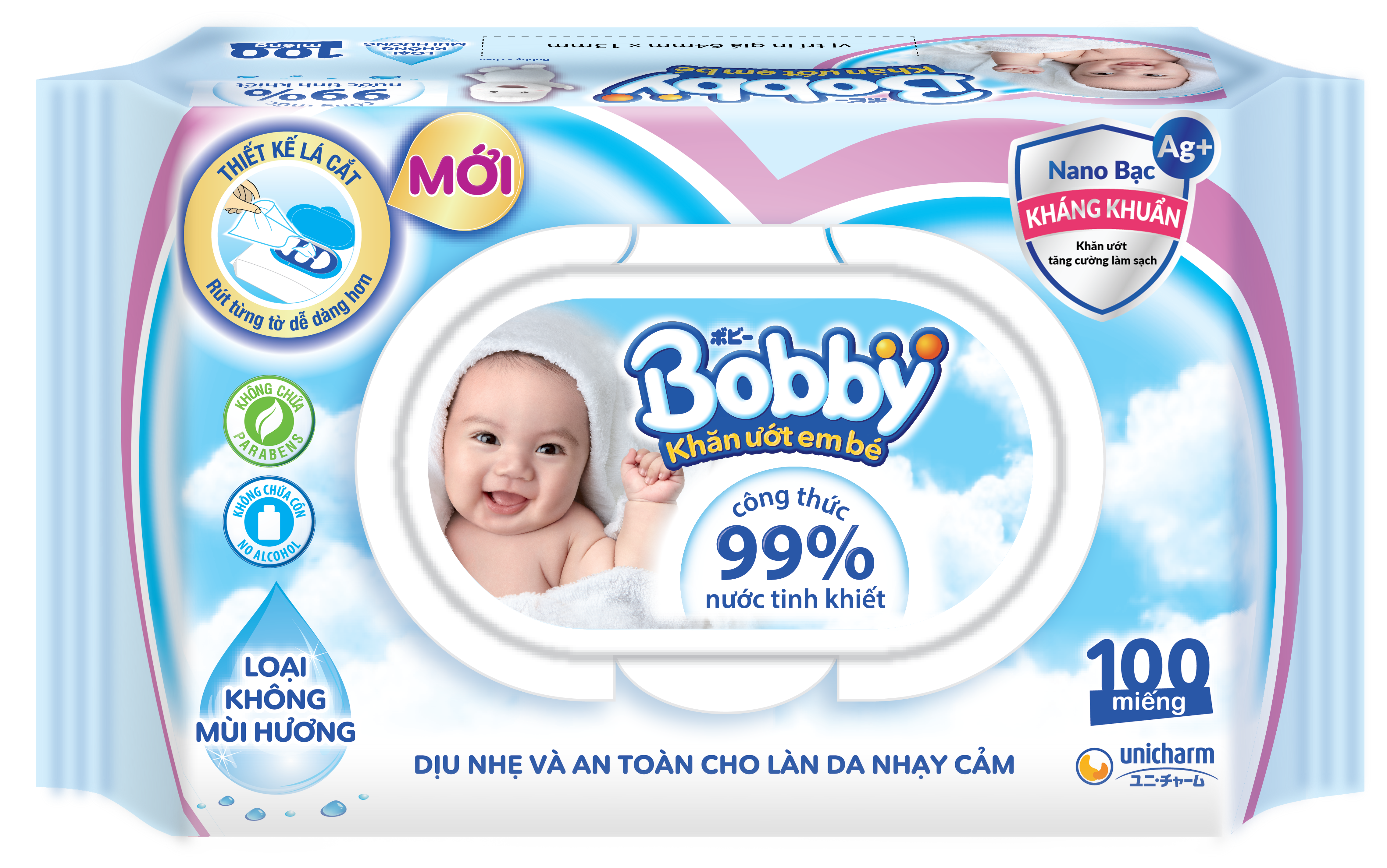 Khăn ướt Bobby NANO Bạc kháng khuẩn gói 100 tờ không hương