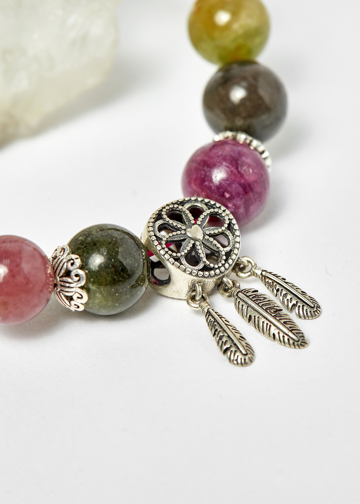 Vòng tourmaline đa sắc phối charm dreamcatcher bạc hạt 10mm , đk 52mm - Ngọc Quý Gemstones