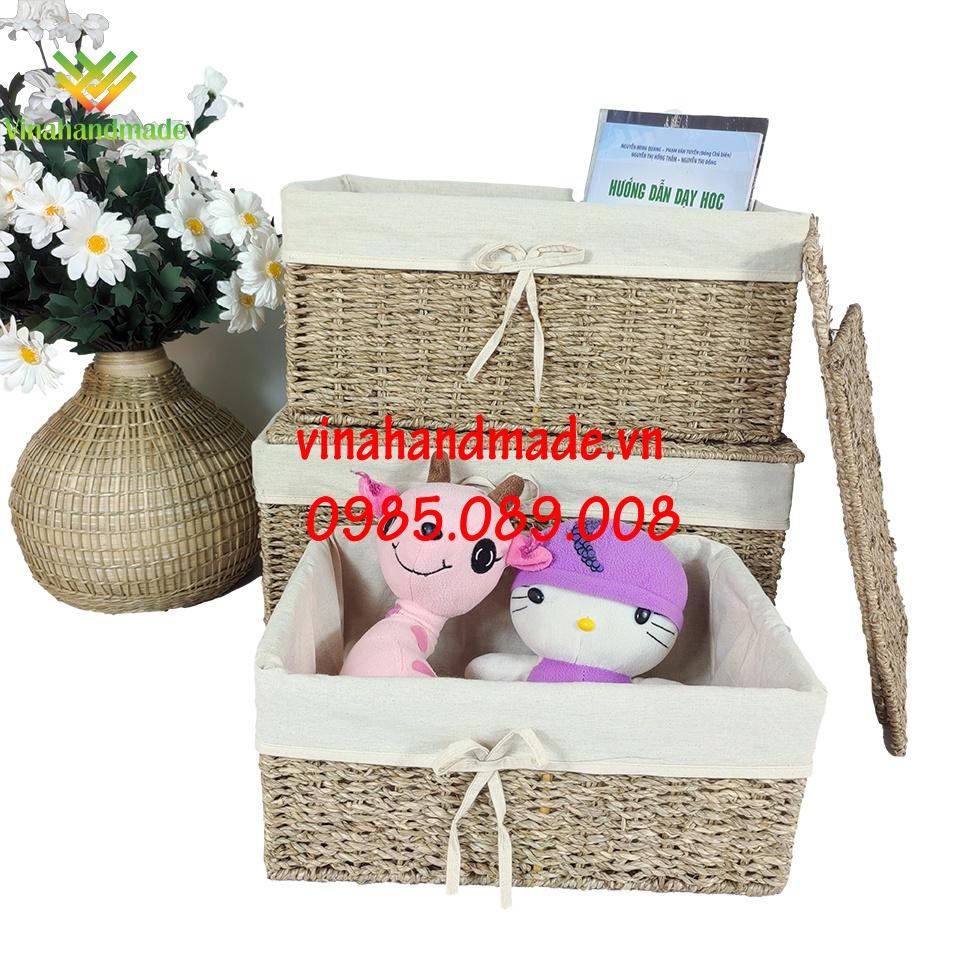 Bộ 3 giỏ cói khung sắt đựng đồ chữ nhật đan trơn VINAHANDMADE 31VNHM001