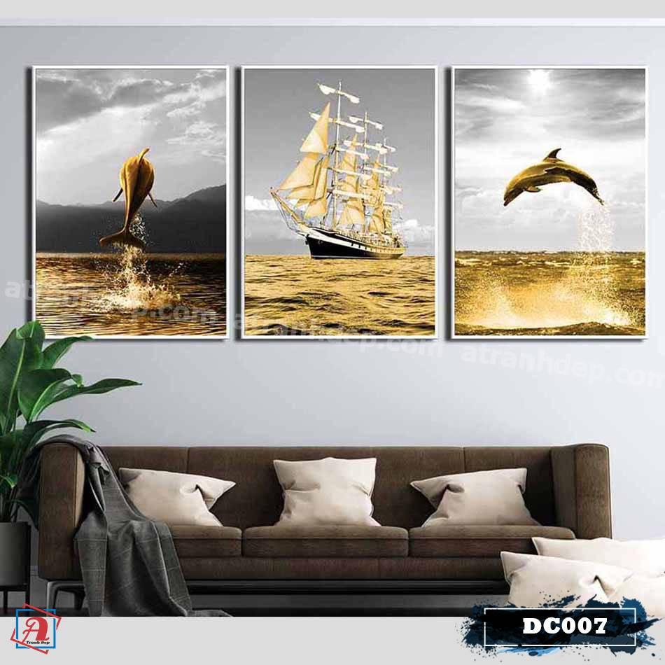 Bộ 3 tranh canvas treo tường decor con thuyền, biển và cá heo – vàng – DC007