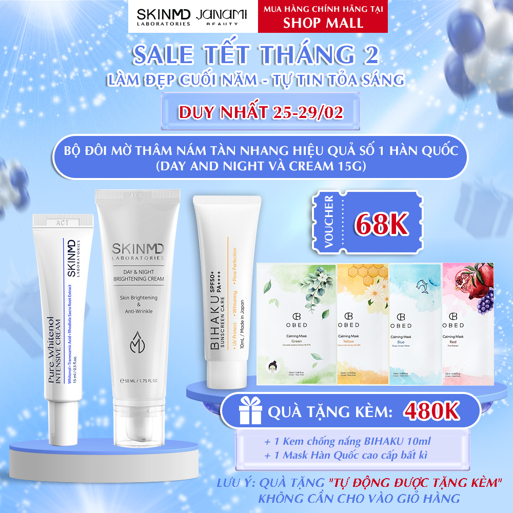 Combo mờ nám chuyên sâu SKINMD DAY &amp; NIGHT BRIGHTENING CREAM 50g và SKINMD PURE WHITENOL INTENSIVE CREAM 15g giúp dưỡng trắng da, mờ đốm sắc tố