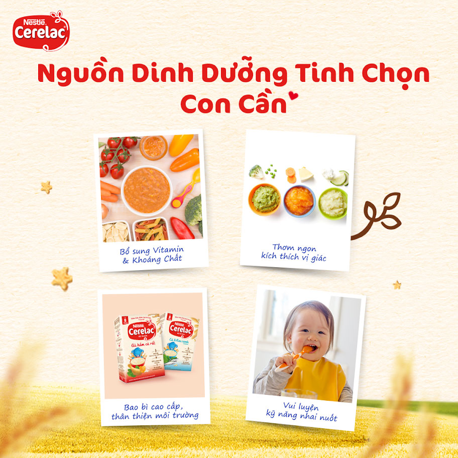 Combo 3 Bột Ăn Dặm Nestlé Cerelac Vị Rau Xanh Bí Đỏ 200gr/ Gà Hầm Cả Rốt 200gr / Cá Rau Xanh 200gr + Tặng Đồ Dùng Cho Mẹ Ngẫu Nhiên