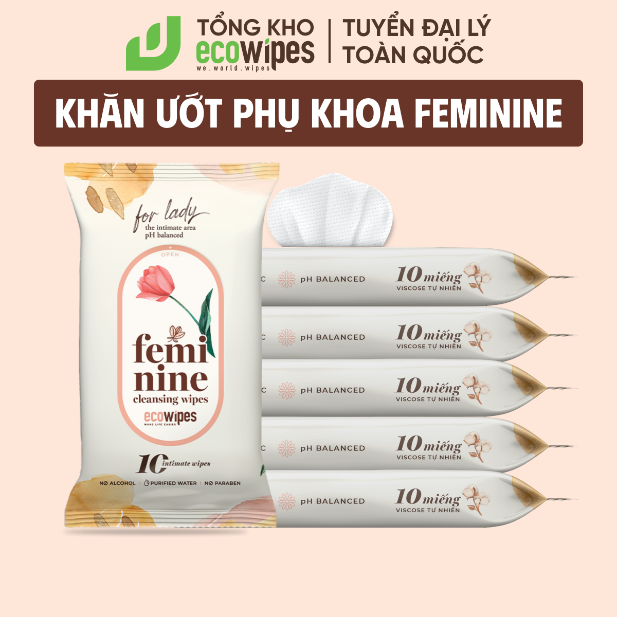 Combo 05 gói khăn giấy ướt phụ khoa phụ nữ EcoWipes gói 10 tờ hương Daisy