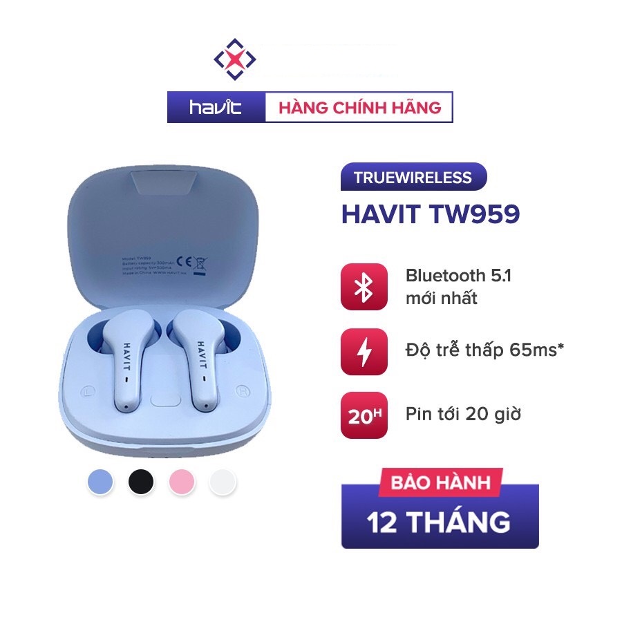 Tai Nghe True Wireless Havit TW959 - Bluetooth 5.1, Độ Trễ Tới 65ms, Nghe Độc Lập, Pin Tới 20H - Hàng Chính Hãng