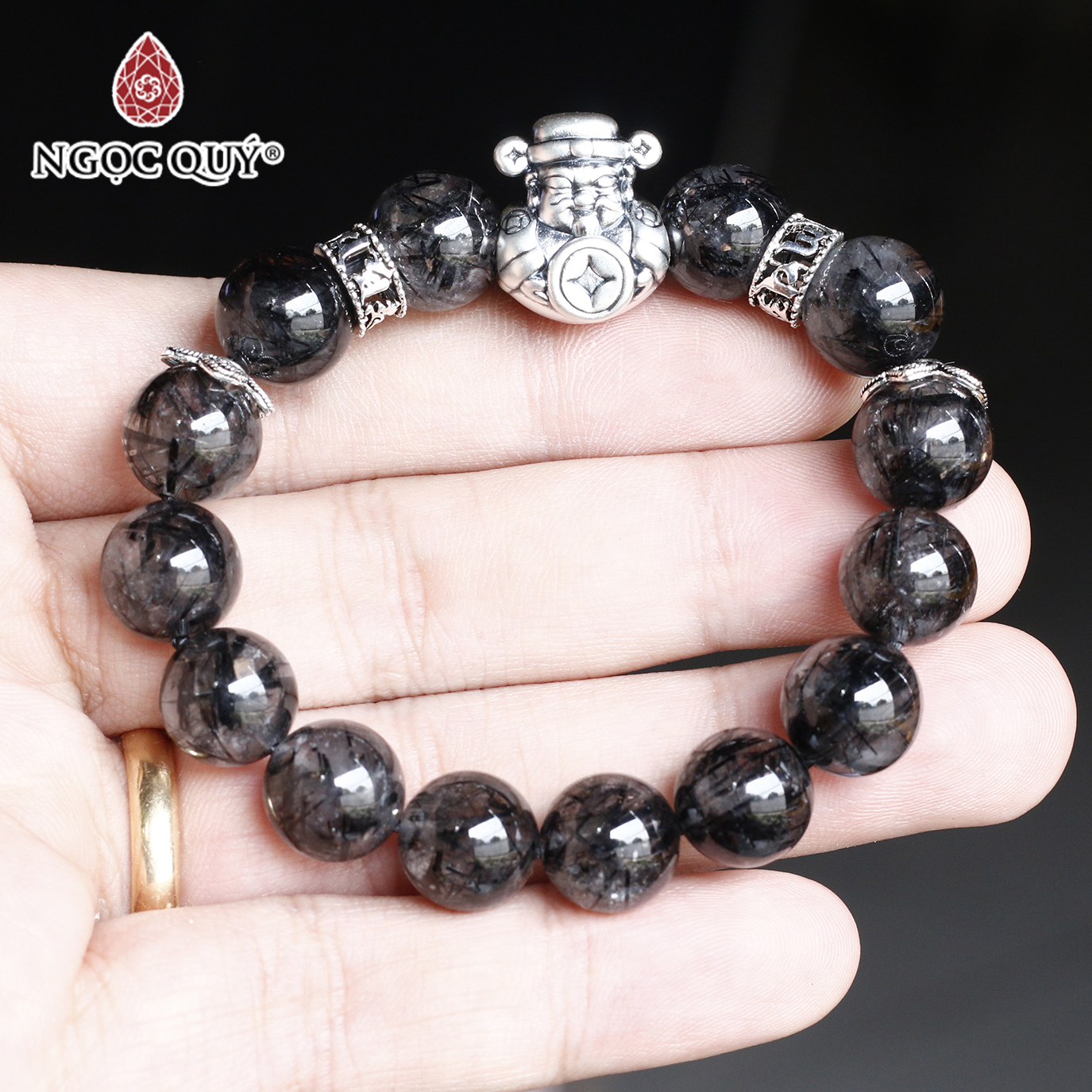 Vòng thạch anh tóc đen 12mm phối charm bạc thần tài mệnh thủy, mộc - Ngọc Quý Gemstones