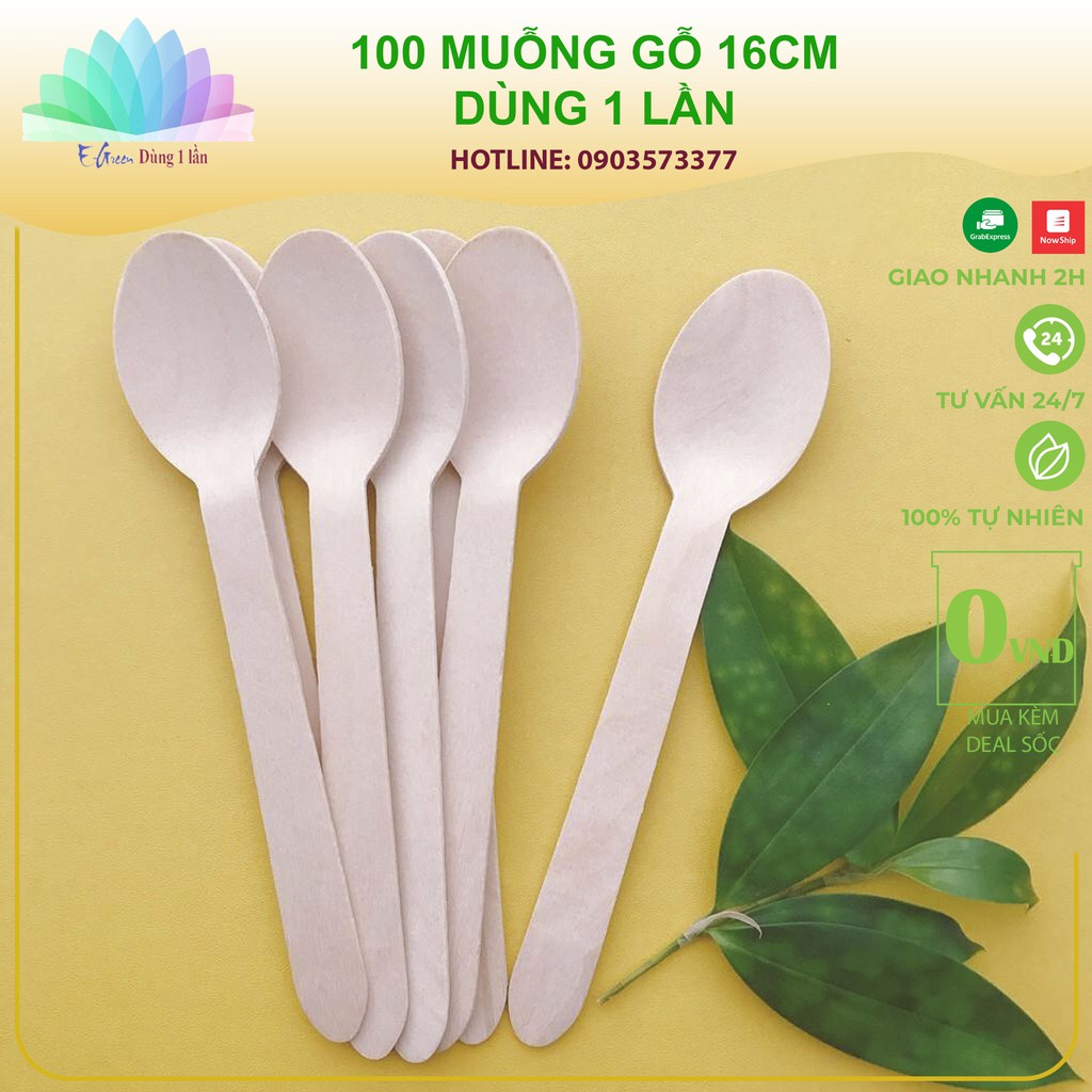 100 Muỗng gỗ dùng một lần 16cm an toàn tiện lợi thân thiện môi trường-Egreen Dùng 1 Lần