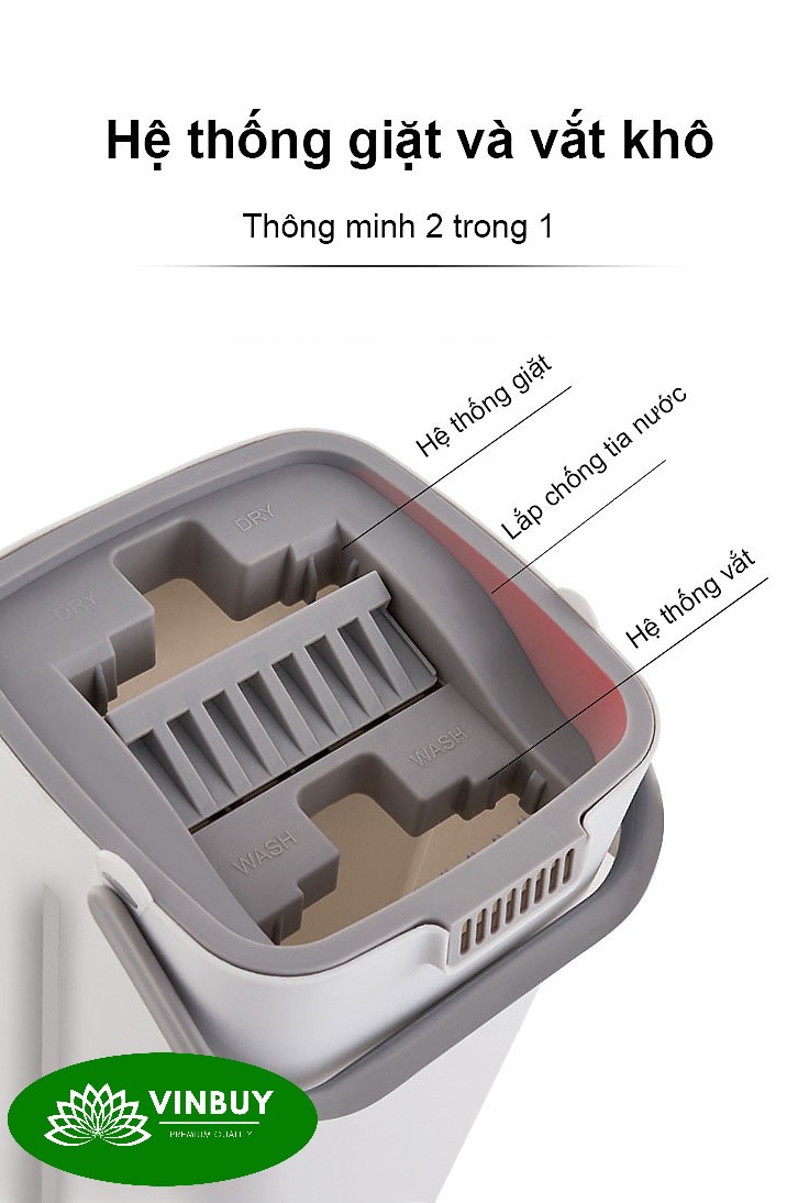 Bộ cây lau nhà VinBuy kèm thùng tự vắt thông minh, chổi lau nhà xoay 360 độ lau sạch nhanh