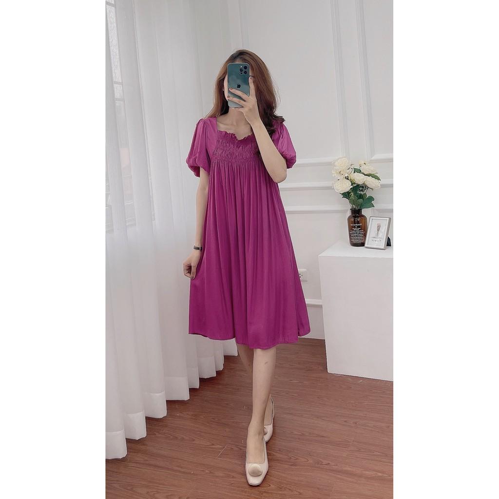 Váy suông cổ vuông chạy chun ngực, tay bo phồng, đầm xuông rộng freesize mã V169 - Michi's House