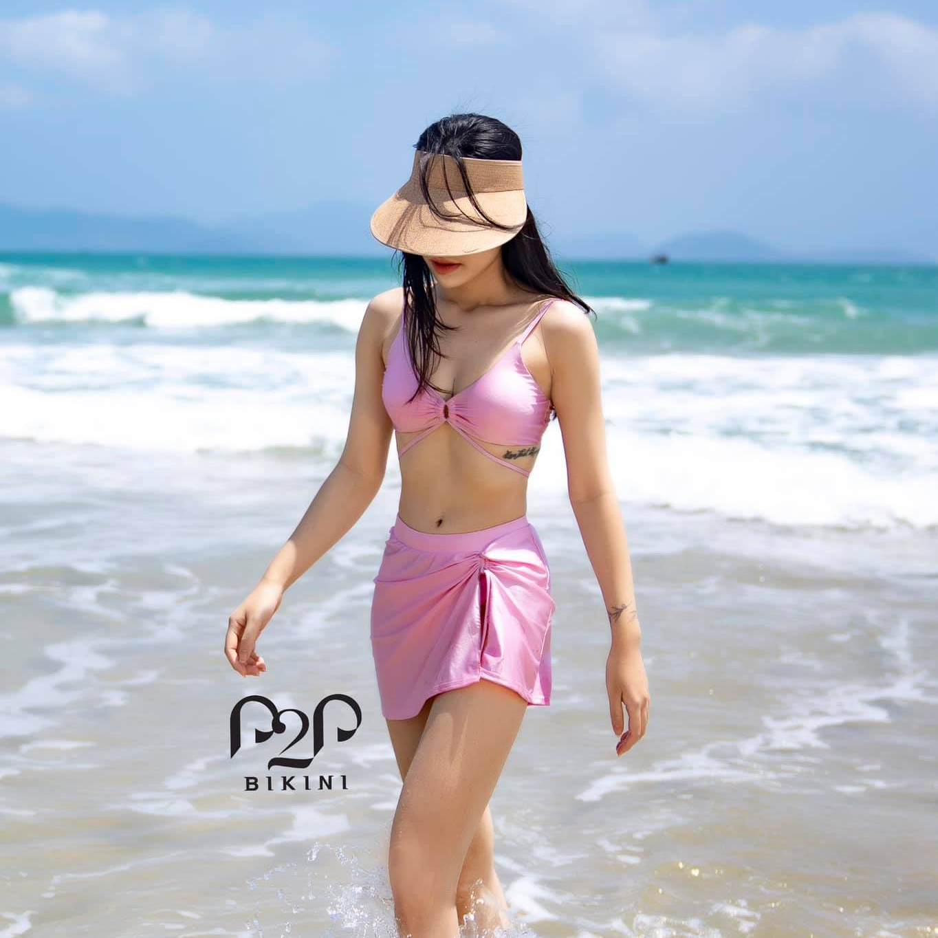 P2P BIKINI - Set đồ bơi 3 món, áo mút hai dây, quần tam giác kèm váy hồng nhạt - BTK420M_SET32