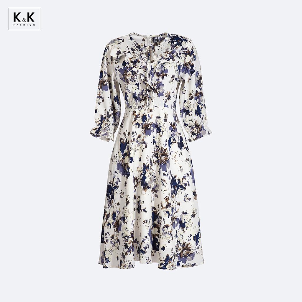 Đầm Xòe Hoa Phối Nơ Viền Bèo K&amp;K Fashion KK116-39 Chất Liệu Silk