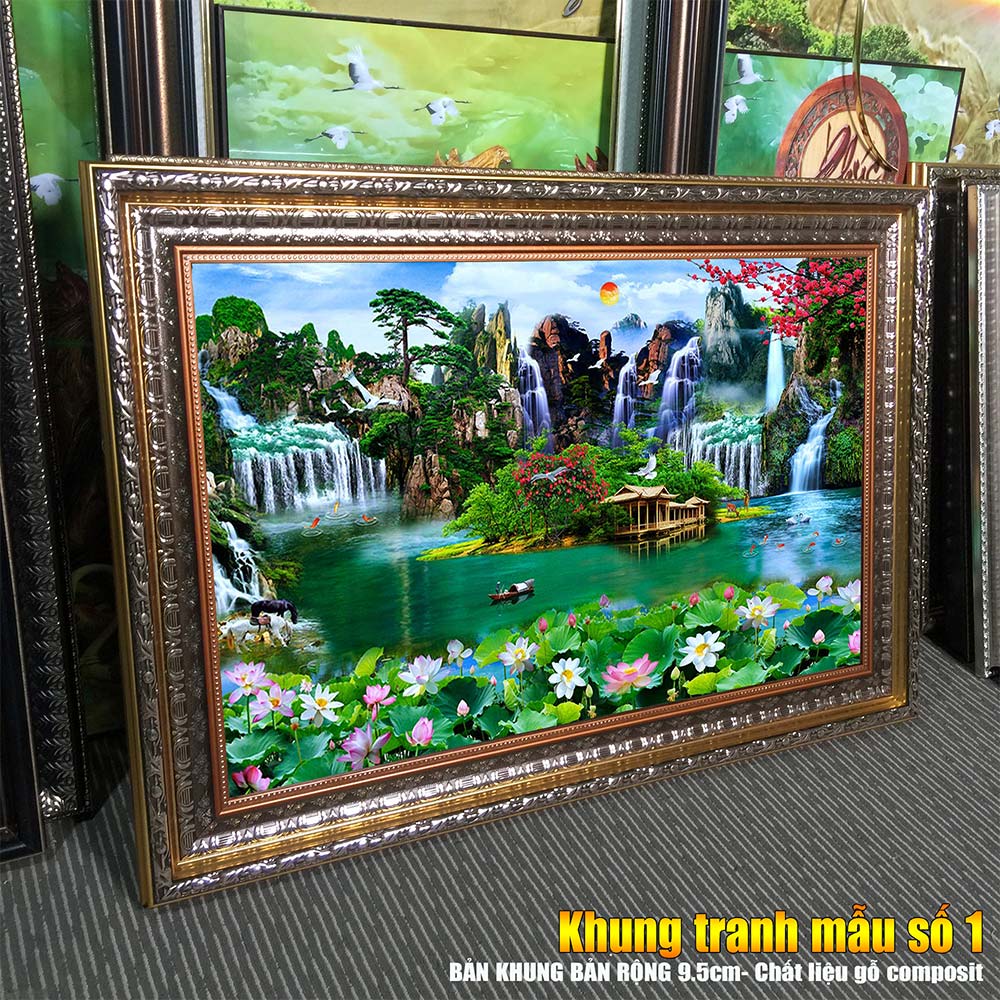 Tranh treo tường phòng khách, phòng ngủ SƠN THỦY HỮU TÌNH khung gỗ composit chất liệu pvc gương / lụa kim sa. MS:2224L9