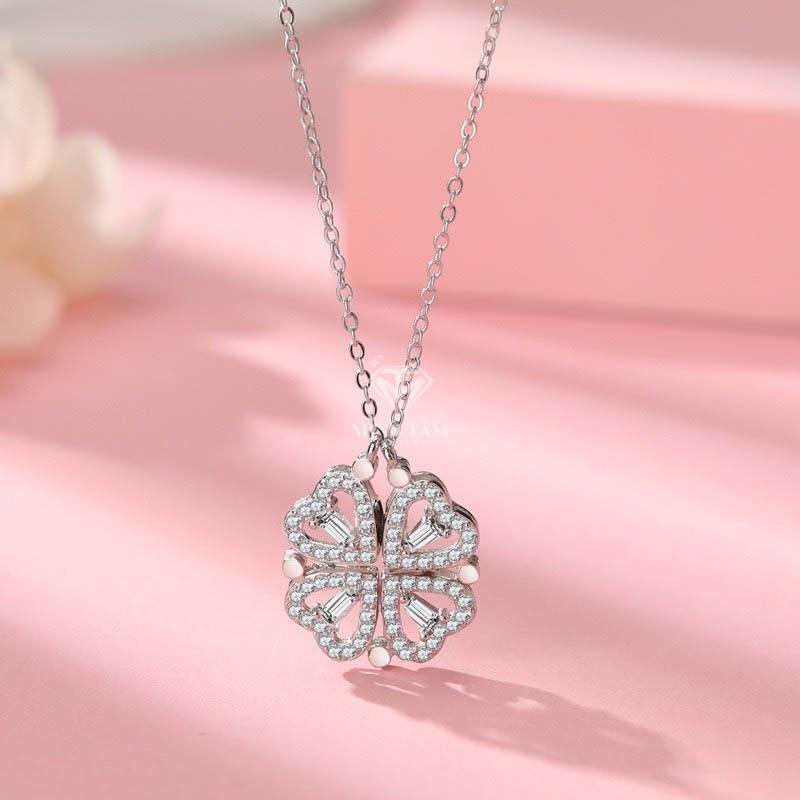 Dây chuyền cỏ bốn lá bạc đeo 2 kiểu,Dây chuyền bạc cỏ 4 lá trái tim-Minh Tâm Jewelry