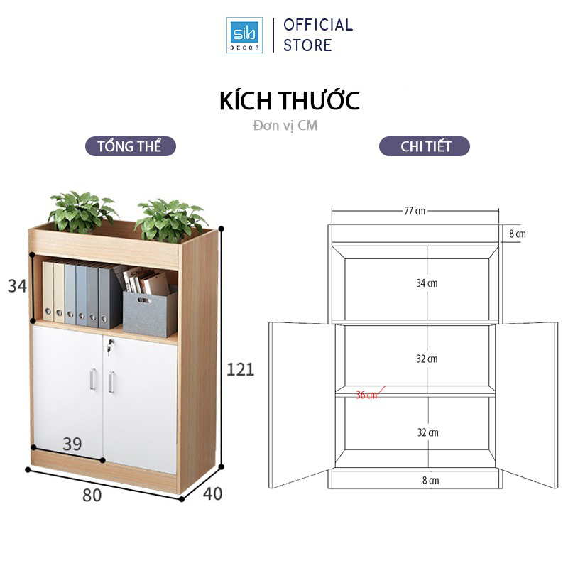 Tủ Gỗ Đựng Hồ Sơ Văn Phòng 2 Cửa Có Khóa, Hộc Tủ Mở Rộng Hiện Đại Thương Hiệu SIB Decor HS23